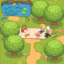 Rule 34 | 2boys, bird, blonde hair, borrowed clothes, closed eyes, couple, curly eyebrows, duck, from above, green hair, hair over one eye, lily pad, looking at another, male focus, multiple boys, no.6 (numberr 6), nose bubble, one piece, picnic, pixel art, roronoa zoro, sanji (one piece), scar, scar across eye, short hair, sitting, sleeping, tree, water, yaoi
