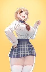 Rule 34 | 10s, 1girl, :d, alternate breast size, blonde hair, bow (bhp), breasts, brown eyes, brown hair, large breasts, looking at viewer, narusawa ryouka, occultic;nine, open mouth, shirt tucked in, short hair, skirt, smile, solo, thick thighs, thighhighs, thighs, white thighhighs, yellow background