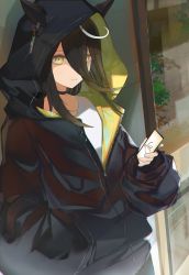 Rule 34 | absurdres, animal ears, black hair, black jacket, cellphone, closed mouth, commentary request, hair between eyes, hand in pocket, highres, holding, holding phone, hood, hooded jacket, horse ears, horse girl, jacket, long hair, long sleeves, looking at viewer, manhattan cafe (umamusume), phone, shirt, smartphone, solo, umamusume, uryu (uryu0329), white shirt, yellow eyes