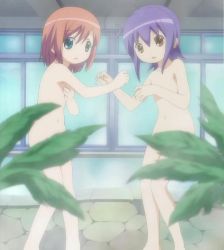 Rule 34 | 00s, 2girls, bath, blue eyes, censored, convenient censoring, covering privates, covering breasts, flat chest, highres, kuroi sumi, looking at viewer, moetan, multiple girls, navel, nijihara ink, nude, pink hair, purple hair, screencap, short hair, stitched, third-party edit