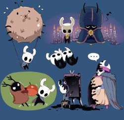 Rule 34 | ..., arizuka (catacombe), berry, blue background, candle, chair, character request, cloak, fire, food, helm, helmet, highres, holding, hollow knight, hollow knight (character), horns, hwurmp (hollow knight), jiji (hollow knight), knight (hollow knight), musical note, no cape, painting (action), pulling, sheo (hollow knight), sitting, spoken ellipsis, standing, trembling