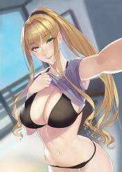Rule 34 | 1girl, black bra, black panties, blonde hair, blue eyes, blurry, blurry background, blush, bra, breasts, cleavage, closed mouth, clothes lift, damegane, eyelashes, grey shirt, hair intakes, highres, large breasts, lifted by self, long hair, looking at viewer, navel, original, panties, ponytail, shirt, shirt lift, short sleeves, sidelocks, smile, solo, thighs, underwear