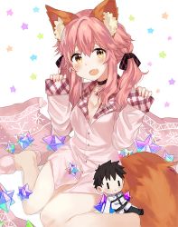 Rule 34 | 1girl, :d, animal ears, artist name, bell, black choker, blush, breasts, character doll, choker, cleavage, commentary request, cushion, fate/grand order, fate (series), fingernails, fox ears, fox tail, fujimaru ritsuka (male), hands up, long sleeves, looking at viewer, low twintails, medium breasts, mochii, nail polish, naked shirt, neck bell, open mouth, pajamas, pink hair, pink nails, saint quartz (fate), shirt, signature, sitting, sleeves past wrists, smile, solo, tail, tamamo (fate), tamamo no mae (fate/extra), twintails, wariza, yellow eyes