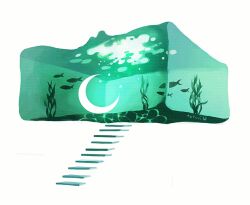 Rule 34 | animated, animated gif, caustics, crescent moon, fish, floating, floating stairs, green theme, kelp, light, looping animation, moon, no humans, original, scenery, signature, simple background, stairs, surreal, tofuvi, underwater, water, white background