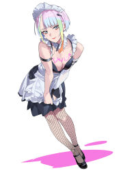 Rule 34 | 1girl, absurdres, apron, bigroll, black footwear, breasts, cyberpunk, cyberpunk (series), cyberpunk edgerunners, eyeliner, fishnets, frills, hair ornament, highres, looking at viewer, lucy (cyberpunk), maid, maid apron, maid headdress, makeup, medium breasts, multicolored hair, parted bangs, red eyeliner, red lips, short hair, smile, solo, unconventional maid, waist apron, white apron, white hair