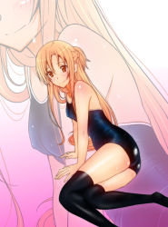Rule 34 | 10s, 1girl, asuna (sao), black thighhighs, blonde hair, blush, breasts, covered erect nipples, highres, long legs, no shoes, one-piece swimsuit, sanazura hiroyuki, small breasts, smile, solo, swimsuit, sword art online, thighhighs, yellow eyes, zoom layer