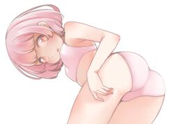 Rule 34 | 1girl, ass, bra, breasts, comah, from side, leaning forward, looking at viewer, looking to the side, original, panties, parted lips, pink bra, pink hair, pink panties, red eyes, short hair, small breasts, solo, underwear, underwear only