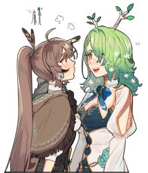 Rule 34 | 2girls, :d, ahoge, antlers, belt, braid, braided bangs, branch, brown capelet, brown cloak, brown corset, brown eyes, brown hair, cape, capelet, ceres fauna, cloak, corset, dress, earrings, eus ing, feather hair ornament, feathers, flower, gloves, green hair, hair flower, hair ornament, hair over one eye, hairclip, height difference, hololive, hololive english, horns, jewelry, long hair, mole, mole under eye, multicolored clothes, multicolored dress, multicolored hair, multiple girls, nanashi mumei, open mouth, partially fingerless gloves, ponytail, ribbon, shirt, smile, streaked hair, teeth, upper teeth only, very long hair, virtual youtuber, white shirt, yellow eyes