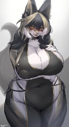 Rule 34 | 1girl, :d, arm under breasts, black hair, blonde hair, blush, breasts, cleavage, commission, covered navel, fangs, furry, furry female, hand on own chest, highres, huge breasts, looking at viewer, multicolored hair, open mouth, orange eyes, original, skeb commission, smile, snout, solo, suurin (ksyaro), tail, white hair, wide hips