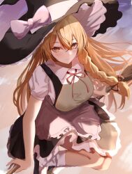 Rule 34 | 1girl, apron, black dress, black footwear, black hat, blonde hair, bow, braid, breasts, broom, broom riding, collar, commentary, dress, frilled dress, frills, hat, hat bow, highres, imblossoms, kirisame marisa, large breasts, long hair, looking at viewer, mary janes, neck ribbon, red ribbon, ribbon, shirt, shoes, single braid, sky, socks, solo, touhou, very long hair, white apron, white bow, white shirt, white socks, witch hat, yellow eyes
