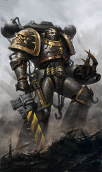 Rule 34 | 1boy, absurdres, adeptus astartes, angry, armor, armored boots, bald, bayonet, bolter, boots, chain, chainsword, chaos (warhammer), chaos space marine, claw (weapon), evil, full armor, full body, grey sky, gun, hazard stripes, highres, holding, holding gun, holding weapon, hook, iron warriors, looking at viewer, military, open mouth, outdoors, pauldrons, power armor, red eyes, rubble, shoulder armor, shoulder spikes, skull ornament, sky, smoke, solo, space marine, spikes, standing, teeth, trolljuncha, warhammer 40k, weapon