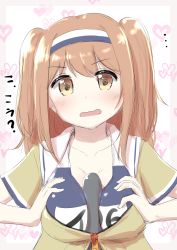 Rule 34 | 10s, 1girl, between breasts, blush, breasts, brown eyes, brown hair, hairband, i-26 (kancolle), kantai collection, large breasts, light brown hair, long hair, looking at viewer, name tag, new school swimsuit, open clothes, open mouth, sailor collar, school swimsuit, short sleeves, solo, swimsuit, swimsuit under clothes, torpedo, two-tone hairband, two side up, upper body, wamu (chartreuse), wavy mouth