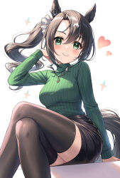 Rule 34 | 1girl, animal ears, black skirt, black thighhighs, blush, breasts, brown hair, closed mouth, commentary request, crossed legs, feet out of frame, green eyes, green sweater, hair between eyes, hand up, heart, highres, horse ears, horse girl, horse tail, long hair, looking at viewer, medium breasts, ribbed sweater, satono crown (umamusume), side ponytail, sidelocks, simple background, sitting, skirt, smile, solo, sweater, tail, thighhighs, tomo (tmtm mf mf), turtleneck, turtleneck sweater, umamusume, white background
