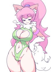 Rule 34 | 1girl, animal ears, bare legs, bare shoulders, breasts, cat ears, cat girl, cleavage, cleavage cutout, clothing cutout, curvy, female focus, happy, heart cutout, highleg, highleg leotard, highres, large breasts, leotard, long hair, partially visible vulva, paw print, perisie (star ocean), pink hair, ponytail, ryoi, simple background, smile, solo, standing, star ocean, star ocean first departure, thick thighs, thighs, thong leotard, very long hair, white background