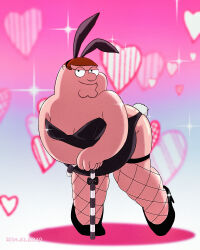 Rule 34 | 1boy, animal ears, black footwear, black leotard, brown hair, candy, candy cane, cleft chin, fake animal ears, fake tail, family guy, fat, fat man, fishnet thighhighs, fishnets, food, glasses, heart, heart background, high heels, highres, holding, holding candy, holding candy cane, holding food, leotard, looking at viewer, male focus, peter griffin, playboy bunny, rabbit ears, rabbit tail, round eyewear, short hair, smile, solo, sopapapa, tail, thighhighs, very short hair