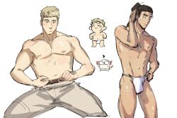 Rule 34 | 2boys, arm behind head, artist self-insert, axolotl, black eyes, black hair, blonde hair, brown eyes, brown pants, chibi, closed mouth, commentary, cowboy shot, dungeon meshi, fundoshi, highres, invisible chair, japanese clothes, laios touden, long hair, male focus, multiple boys, nipples, pants, ponytail, saifoqu, short hair, shurou, simple background, sitting, standing, symbol-only commentary, topless male, very short hair, white background