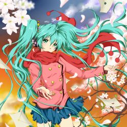 Rule 34 | 1girl, aqua eyes, aqua hair, cherry blossoms, double-breasted, flower, hair flower, hair ornament, hatsune miku, headphones, highres, jacket, letter, long hair, pom pom (clothes), red scarf, sakuranbotoko, scarf, skirt, solo, tears, twintails, very long hair, vocaloid, wind
