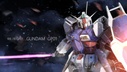 Rule 34 | beam saber, character name, dated, gundam, gundam 0083, gundam gp-01 zephyranthes, holding, holding shield, holding sword, holding weapon, looking down, mecha, mobile suit, no humans, robot, science fiction, serike w, shield, signature, solo, space, sword, v-fin, weapon