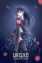 Rule 34 | 1girl, anemone heart, blazer, blue hair, bow, bowtie, commentary request, flower, futonchan, hair between eyes, holding, holding flower, jacket, long hair, long sleeves, love live!, love live! school idol project, microphone, microphone stand, music, open mouth, otonokizaka school uniform, plaid, plaid skirt, pleated skirt, red bow, red bowtie, school uniform, singing, skirt, solo, sonoda umi, standing, striped bow, striped bowtie, striped clothes, striped neckwear, text focus, yellow eyes