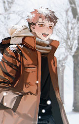 Rule 34 | 1boy, :p, animal print, black sweater, blush, brown eyes, brown scarf, coat, commentary, facial mark, fur trim, hand in pocket, highres, itadori yuuji, jujutsu kaisen, k00s, long sleeves, looking at viewer, male focus, outdoors, pants, photo-referenced, pink hair, scarf, short hair, snow, snowing, solo, sweater, tiger print, tongue, tongue out, tree, undercut, winter, winter clothes, winter coat