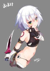 Rule 34 | 1girl, :q, bandaged arm, bandages, bare shoulders, black gloves, black panties, black shirt, black thighhighs, blood, blood on face, blush, breasts, closed mouth, cropped legs, dagger, facial scar, fate/grand order, fate (series), fingerless gloves, gloves, green eyes, grey background, groin, hair between eyes, hand up, highres, holding, holding dagger, holding knife, holding weapon, jack the ripper (fate/apocrypha), knife, lowleg, lowleg panties, navel, panties, scar, scar across eye, scar on cheek, scar on face, shirt, shoulder tattoo, signature, silver hair, simple background, single glove, sleeveless, sleeveless shirt, small breasts, smile, solo, tattoo, thighhighs, tongue, tongue out, translation request, underwear, weapon, yaosera
