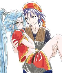 Rule 34 | 1990s (style), 1boy, 1girl, bandana, bare legs, blonde hair, blue eyes, blue hair, blush, breasts, carrying, chrono cross, chrono trigger, closed mouth, cosplay, couple, crop top, cropped vest, crossover, eye contact, eyelashes, hetero, high ponytail, legs together, light blue hair, long hair, looking at another, medium breasts, midriff, ponytail, princess carry, red bandana, retro artstyle, s-a-murai, schala zeal, serge (chrono cross), short hair, short sleeves, simple background, sketch, smile, spoilers, standing, upper body, very long hair, vest, white background