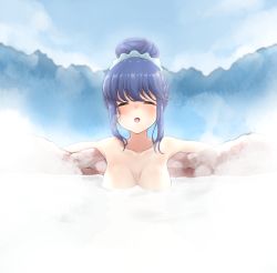 Rule 34 | 1girl, :o, absurdres, alternate breast size, blue hair, blush, breasts, collarbone, day, closed eyes, hair bun, hair ornament, hair scrunchie, highres, medium breasts, onsen, open mouth, outdoors, outstretched arms, partially submerged, rock, scrunchie, shima rin, single hair bun, sitting, solo, spread arms, steam, take mawile, water, yurucamp