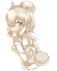 Rule 34 | 10s, 1girl, alpaca ears, alpaca suri (kemono friends), alpaca tail, animal ears, aqua eyes, arm at side, arm behind back, back, blonde hair, breast pocket, closed mouth, cropped torso, extra ears, from behind, fur-trimmed sleeves, fur scarf, fur trim, hair over one eye, hand on own arm, highres, horizontal pupils, kemono friends, long sleeves, looking at viewer, looking back, medium hair, platinum blonde hair, pocket, scarf, simple background, solo, sweater, tail, thin (suzuneya), upper body, white background