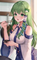 Rule 34 | 1girl, absurdres, bare shoulders, blue skirt, chopsticks, collared shirt, commentary request, cowboy shot, detached sleeves, food, frog hair ornament, frying pan, green eyes, green hair, hair ornament, highres, holding, holding chopsticks, indoors, kitchen, kochiya sanae, long hair, looking at viewer, open mouth, shirt, single hair tube, skirt, sleeveless, sleeveless shirt, snake, solo, touhou, usushio, very long hair, white shirt, white sleeves, wide sleeves