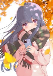 Rule 34 | 1girl, absurdres, autumn leaves, blue hair, blurry, blurry background, blush, cellphone, covered mouth, depth of field, file112056, ginkgo leaf, highres, holding, hood, hoodie, leaf, long hair, looking at viewer, outdoors, phone, purple eyes, scarf, shima rin, smartphone, solo, striped clothes, striped scarf, yurucamp