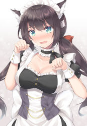 Rule 34 | 1girl, :d, animal ears, azur lane, black hair, blush, bow, breasts, buttons, cat ears, cat girl, cleavage, collarbone, commentary request, eyes visible through hair, glasgow (azur lane), gradient background, green eyes, hair bow, hair ribbon, highres, kemonomimi mode, long hair, looking at viewer, low twintails, maid, maid headdress, open mouth, paw pose, ribbon, sakuba nao, sidelocks, simple background, smile, solo, sweat, twintails, wrist cuffs