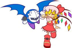 Rule 34 | 1girl, bat wings, blonde hair, blush, boots, crossover, crystal, dress, flandre scarlet, full body, hat, holding hands, kirby (series), mask, meta knight, mob cap, nintendo, puyopuyo, puyopuyo fever, red dress, running, smile, touhou, transparent background, white background, wings, y&amp;k, yellow eyes