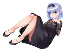 Rule 34 | 1girl, bare legs, black dress, black footwear, black hairband, blue eyes, blue hair, blush, closed mouth, commentary request, dress, full body, hair between eyes, hair intakes, hair ornament, hairband, highres, knees up, long sleeves, looking at viewer, rebutsu, ryuuou no oshigoto!, short hair, sitting, smile, snowflake hair ornament, solo, sora ginko