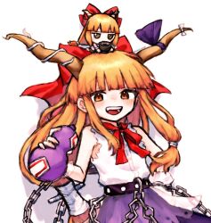 Rule 34 | 1girl, bow, brown eyes, commentary request, fumo (doll), gourd, hair bow, highres, horn ornament, horn ribbon, horns, ibuki suika, long hair, looking at viewer, low-tied long hair, natucurage, neckerchief, open mouth, orange eyes, orange hair, purple ribbon, purple skirt, red bow, red neckerchief, ribbon, shirt, simple background, skirt, solo, torn clothes, torn sleeves, touhou, twitter username, white background, white shirt