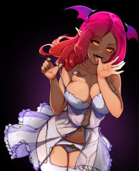 Rule 34 | 1girl, bad id, bad pixiv id, blush, breasts, cleavage, dark-skinned female, dark skin, demon girl, fangs, finger in own mouth, garter belt, head wings, highres, jewelry, large breasts, lingerie, long hair, looking at viewer, mole, mole under mouth, navel, necklace, nightgown, open mouth, original, panties, pointy ears, red hair, see-through, snortzog, solo, strap pull, thighhighs, underwear, white panties, white thighhighs, wings, yellow eyes