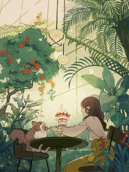 Rule 34 | 1girl, artist name, brown hair, chair, closed eyes, closed mouth, feeding, flower, food, fruit, fumi futamori, greenhouse, hanging light, highres, holding, holding spoon, ice cream, long hair, long sleeves, open mouth, original, plant, profile, raccoon, red flower, shirt, sitting, skirt, solo, spoon, strawberry, sundae, table, tree, vegetation, whipped cream, white shirt, window, yellow flower, yellow skirt