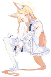 Rule 34 | 1girl, absurdly long hair, animal ear fluff, animal ears, armpit crease, asakawa (outeq), backless dress, backless outfit, bird, bird on leg, blonde hair, blue archive, blue neckerchief, blush, bow, breasts, bright pupils, closed mouth, detached sleeves, dress, flower, flower wreath, footwear bow, forehead, fox ears, from side, full body, gradient eyes, hair bow, hair flower, hair ornament, halo, head tilt, high heels, highres, knee up, long hair, long sleeves, looking at viewer, multicolored eyes, neckerchief, orange eyes, pantyhose, parted bangs, puffy long sleeves, puffy sleeves, ribs, sailor collar, seia (blue archive), sideboob, simple background, sitting, sleeves past wrists, slit pupils, small breasts, smile, solo, striped clothes, striped pantyhose, vertical-striped clothes, vertical-striped pantyhose, very long hair, white background, white bow, white dress, white footwear, white pantyhose, white pupils, white sailor collar, yellow eyes