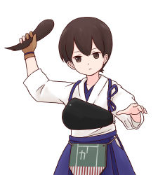 Rule 34 | 1girl, batta (ijigen debris), brown eyes, brown gloves, brown hair, closed mouth, commentary request, detached hair, fingerless gloves, flight deck, gloves, hakama, hakama skirt, holding, holding hair, japanese clothes, kaga (kancolle), kantai collection, looking at viewer, muneate, partially fingerless gloves, short hair, single fingerless glove, single glove, skirt, solo, standing, upper body