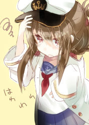 Rule 34 | 10s, 1girl, anchor, blush, brown hair, folded ponytail, hair up, hat, inazuma (kancolle), kantai collection, looking at viewer, neckerchief, nochita shin, open mouth, pink eyes, school uniform, serafuku, sidelocks, skirt, sleeves past wrists, solo, squiggle, tears
