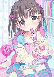 Rule 34 | 1girl, bag, blush, book, bookshelf, bow, brown eyes, brown hair, camisole, closed mouth, collarbone, commentary request, curtains, fingernails, flute, hair bow, handbag, head tilt, heart, heart-shaped bag, highres, holding, holding flute, holding instrument, hood, hood down, hooded jacket, indoors, instrument, jacket, jewelry, layered skirt, long sleeves, looking at viewer, music, necklace, no shoes, open clothes, open jacket, original, pink camisole, playing instrument, pleated skirt, polka dot, polka dot camisole, puzzle, recorder, sitting, skirt, sleeves past wrists, solo, striped clothes, striped thighhighs, thighhighs, tsukana (saba mizore), two side up, wariza, white skirt, yellow jacket, yume kawaii