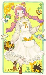 Rule 34 | 1girl, alternate color, apron, basket, border, brown footwear, closed mouth, clothed pokemon, colored skin, commentary request, copyright name, creatures (company), double bun, dress, food, frilled dress, frills, fruit, full body, game freak, gen 3 pokemon, gen 8 pokemon, green eyes, green hair, hair bun, hatenna, head wreath, highres, holding, holding basket, hsin, livly island, long hair, mandarin orange, miriam (pokemon), multi-tied hair, nintendo, outside border, pincurchin, pokemon, pokemon (creature), pokemon sv, purple hair, ralts, shoes, sinistea, smile, spikes, translation request, white border, white dress, white skin, yellow background