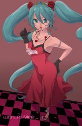 Rule 34 | 1girl, aqua eyes, aqua hair, bad id, bad pixiv id, bracelet, checkered floor, copyright name, dress, earrings, floor, flower, gloves, hair flower, hair ornament, hand on own hip, hatsune miku, highres, jewelry, long hair, necklace, ntw-20 (artist), open mouth, solo, tiara, twintails, very long hair, vocaloid, world is mine (vocaloid)