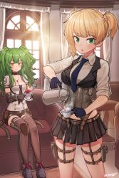 Rule 34 | 2girls, bad id, bad pixiv id, belt, belt skirt, black gloves, black skirt, blonde hair, blue necktie, blush, breasts, closed mouth, corset, cup, funako (newggo), girls&#039; frontline, gloves, green eyes, green hair, highres, holding, holding cup, large breasts, long hair, looking away, m950a (girls&#039; frontline), multiple girls, necktie, parted lips, short hair, skirt, smile, tea, teacup, teapot, thighhighs, twintails, twitter username, welrod mkii (girls&#039; frontline), yellow eyes