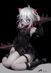 Rule 34 | 1girl, animal ears, bare shoulders, black background, breasts, briar (league of legends), cat ears, closed mouth, colored sclera, colored skin, covered navel, detached sleeves, fang, fang out, fingernails, full body, gradient background, grey hair, hair between eyes, hand up, highres, jiaowohuangdaoa, kemonomimi mode, league of legends, long hair, looking at viewer, multicolored hair, no pupils, pink hair, pink sclera, pointy ears, sharp fingernails, sidelocks, simple background, sitting, small breasts, solo, streaked hair, teeth, two-tone hair, vampire, wariza, wrist cuffs