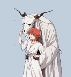Rule 34 | 1boy, 1girl, :d, absurdres, animal head, animal skull, bathrobe, breasts, cleavage, delfuze, dripping, elias ainsworth, green eyes, hatori chise, height difference, highres, horns, hug, hug from behind, interspecies, mahou tsukai no yome, one eye closed, open mouth, red hair, skull head, smile, wet, wet hair, wide sleeves