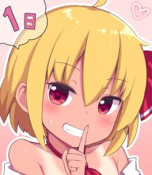 Rule 34 | 1girl, bare shoulders, blonde hair, blush, closed mouth, clothes lift, gradient background, hair between eyes, hair ribbon, hand up, heart, highres, looking at viewer, open clothes, open shirt, pink background, red eyes, red neckwear, red ribbon, ribbon, rumia, saisoku no yukkuri, shirt, shirt lift, short hair, short sleeves, simple background, smile, solo, tan, teeth, touhou, white shirt, white sleeves