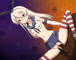 Rule 34 | 1boy, 1girl, blush, breasts, censored, circle anco, cum, cum in pussy, dark-skinned male, dark skin, hetero, interracial, kantai collection, long hair, nipples, open mouth, penis, pussy, sex, shimakaze (kancolle), small breasts, thighhighs, vaginal, white hair