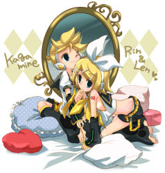 Rule 34 | 2girls, barefoot, belt, belt buckle, blonde hair, blue eyes, breasts, buckle, butt crack, closed mouth, hair ornament, hairclip, heart, hizuki yayoi, kagamine len, kagamine rin, long hair, looking at viewer, mirror, multiple girls, number tattoo, one eye closed, parted lips, pillow, sailor collar, short hair, short sleeves, shorts, sideboob, sleeveless, tattoo, toes, vocaloid