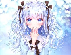 Rule 34 | 1girl, blue background, blue eyes, blue hair, blue shirt, blush, candy, chocolate, chocolate hair ornament, chocolate heart, commentary, covering own mouth, english commentary, food, heart, heart background, highres, holding, holding chocolate, holding food, light blue hair, long hair, looking to the side, melting, original, shirt, sideways glance, solo, two side up, upper body, w, white chocolate, yugaa