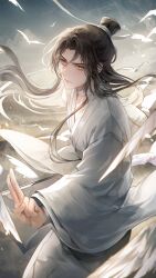 Rule 34 | 1boy, absurdres, bandaged neck, bandages, brown hair, chinese clothes, hair bun, highres, holding, holding sword, holding weapon, katana, long hair, long sleeves, male focus, orange eyes, parted bangs, robe, sword, tianguan cifu, very long hair, weapon, white hanfu, white robe, wide sleeves, xie lian, young57440489